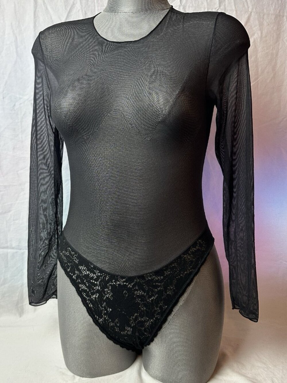 Vtg 80s Guy Laroche Black Sheet Bodysuit Teddy Romper Lace Bottom Sz S Nylon